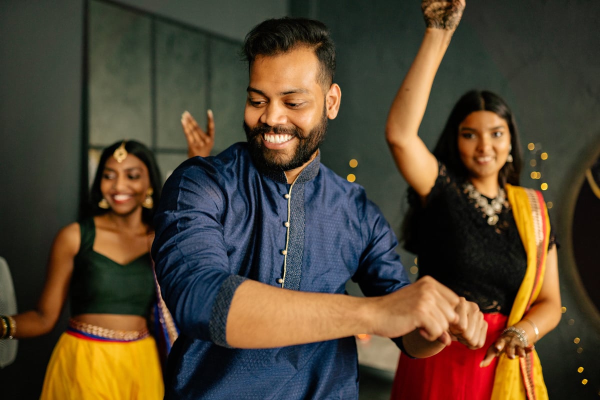 Happy People in Traditional Clothes Dancing